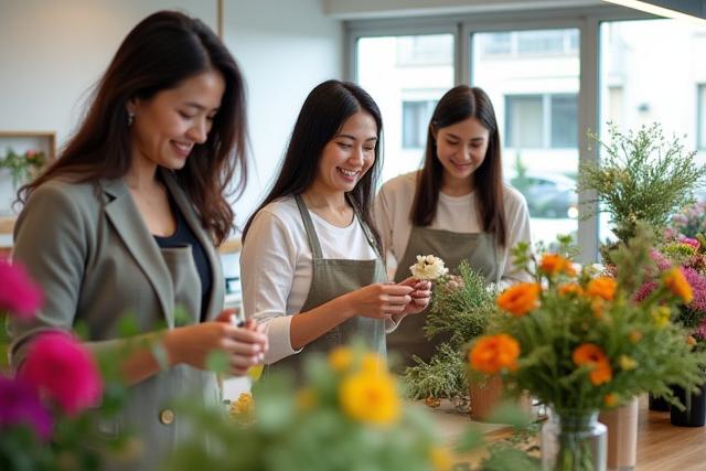 Team ng Siaux Blooms na nagtutulungan sa isang bulaklak shop